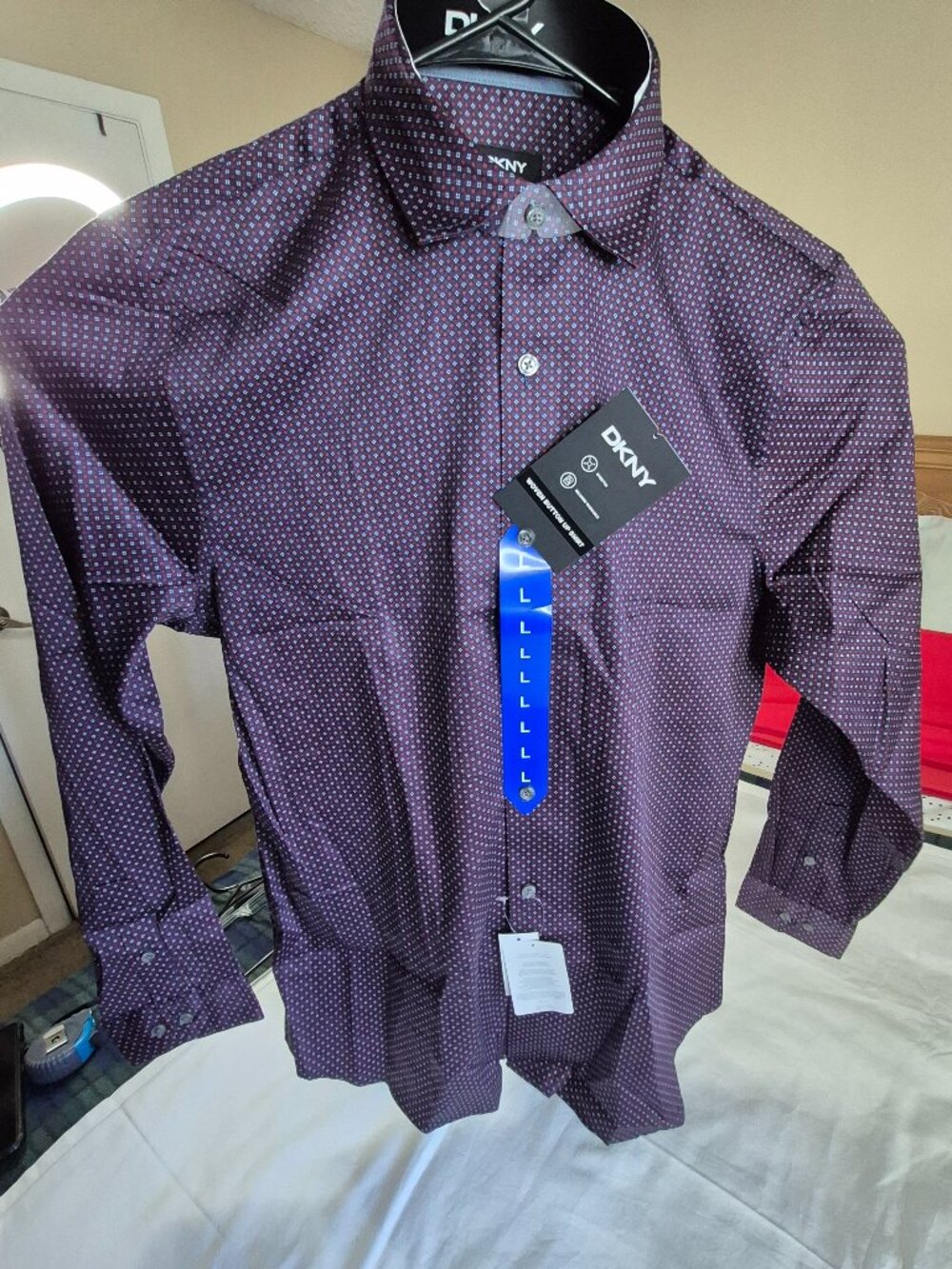 DKNY Men's Woven Button-Up Shirt Geometric Print, Size Large, Red, New With Tag